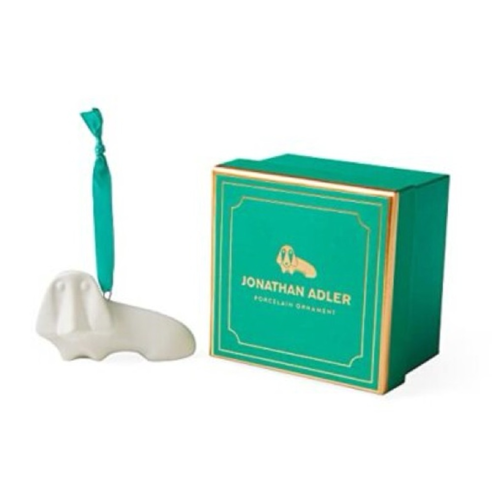 Jonathan Adler White Porcelain Hound Dog Ornament with Teal Gift Box and Ribbon